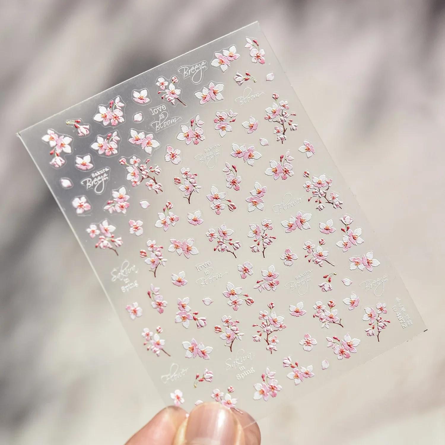 Autocollants 5D en relief pour ongles, motif fleur de cerisier, auto-adhésifs, pour manucure DIY, co
