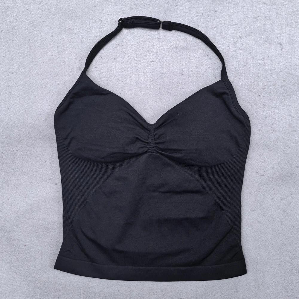 Ensemble de Yoga sans couture pour femmes, 2 pièces, débardeur rembourré, col licou, froissé, levage
