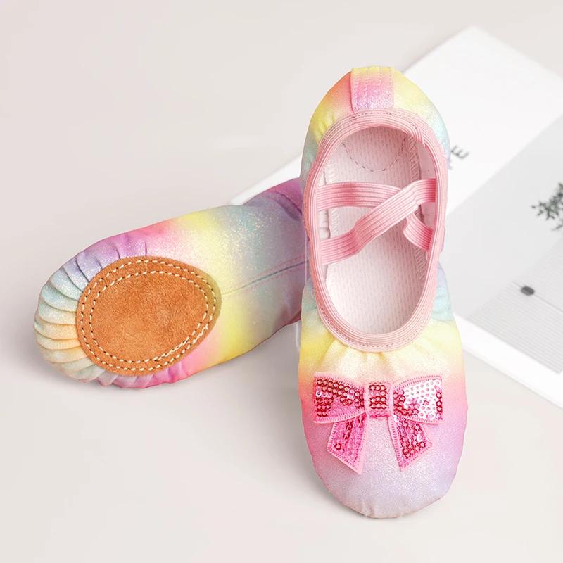 Chaussures de ballet pour filles à paillettes irisées - Pantoufles souples pour enfants danse
