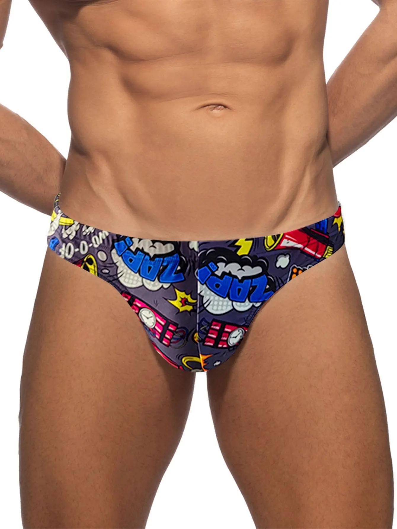 Hommes Pop Art dessin animé imprimé taille basse Sexy Bikini string maillots de bain plage slip de b