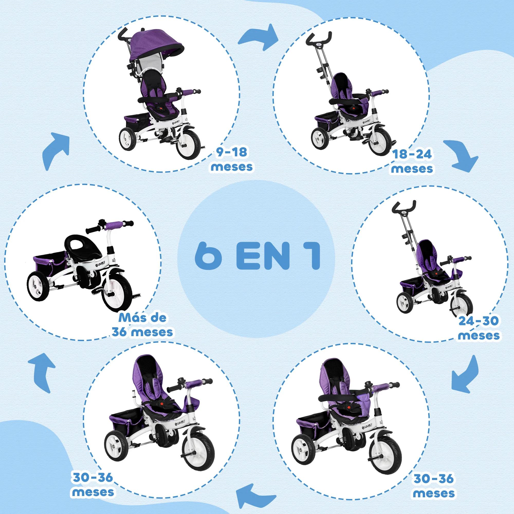 Tricycle évolutif Homcom pour enfants +12 mois avec auvent pliable, poignée télescopique et ceinture