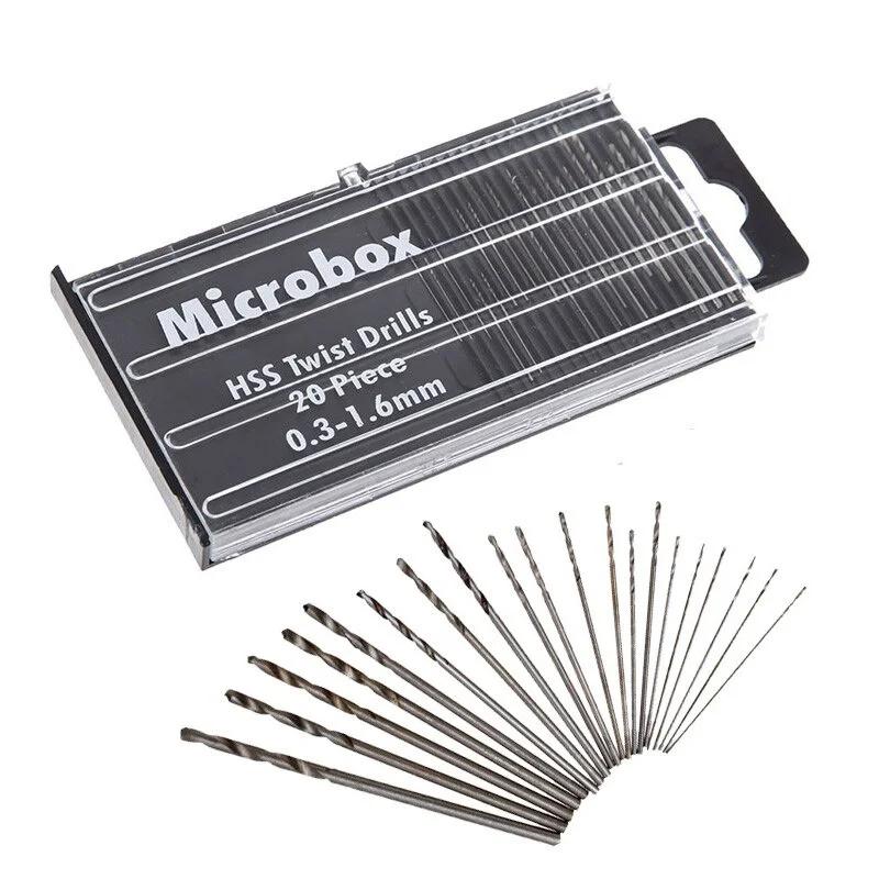 20 pièces/ensemble 0.3mm-1.6mm Mini jeu de forets hélicoïdaux en acier rapide ensemble de forets Mic