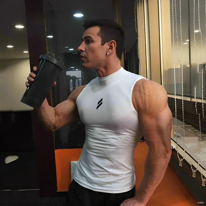 Débardeur compression homme été - Gilet musculation course fitness sans manches col roulé