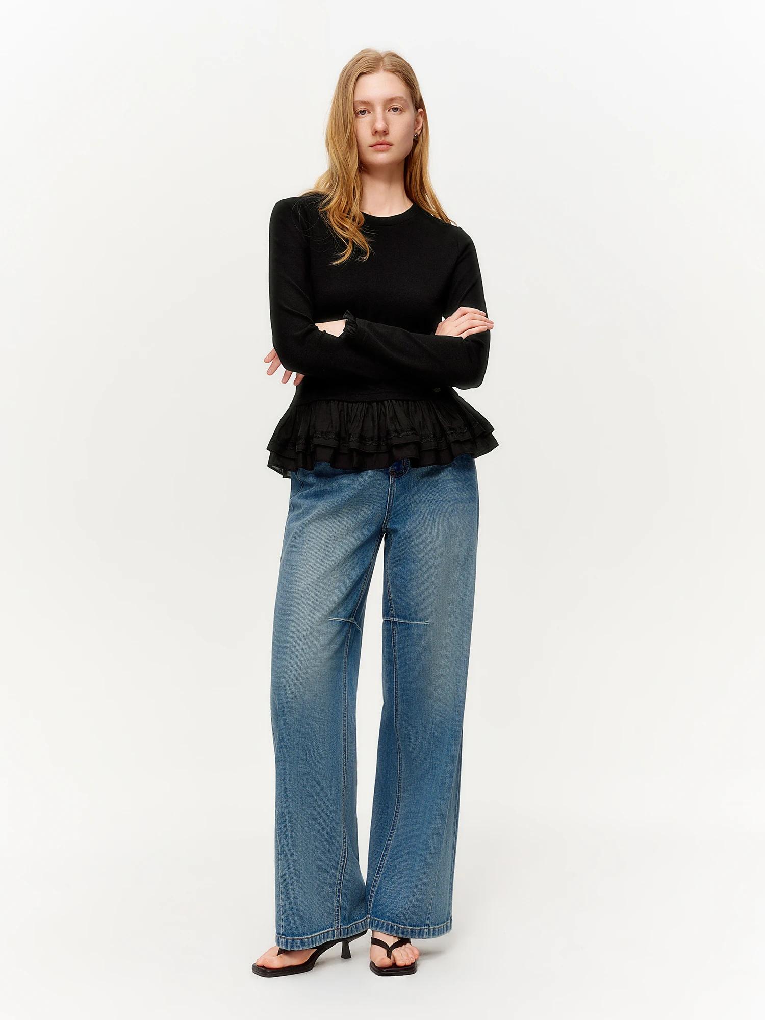 DUSHU – T-Shirt tricoté à col rond et bordure à volants pour femme, couche de Base à Texture côtelée