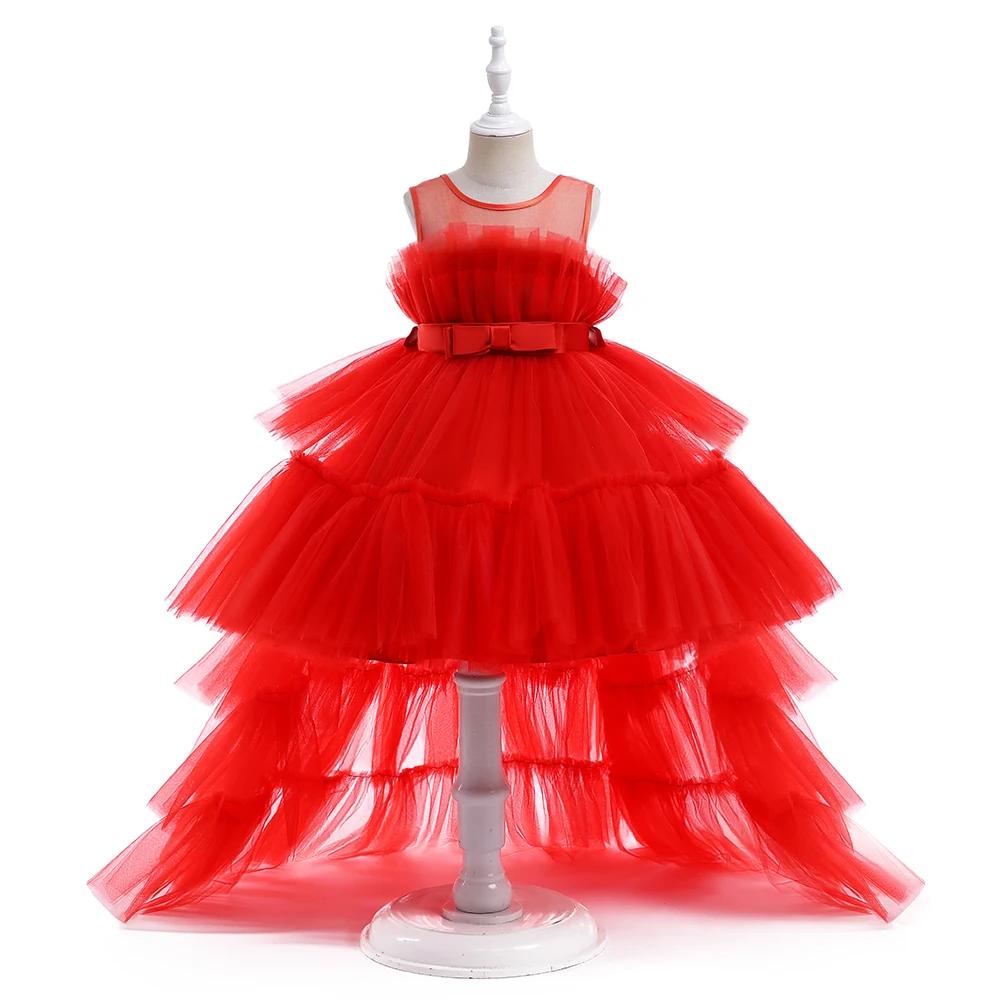 Robe à fleurs bouffante rouge en Tulle pour filles, robes de fête de première Communion pour enfants