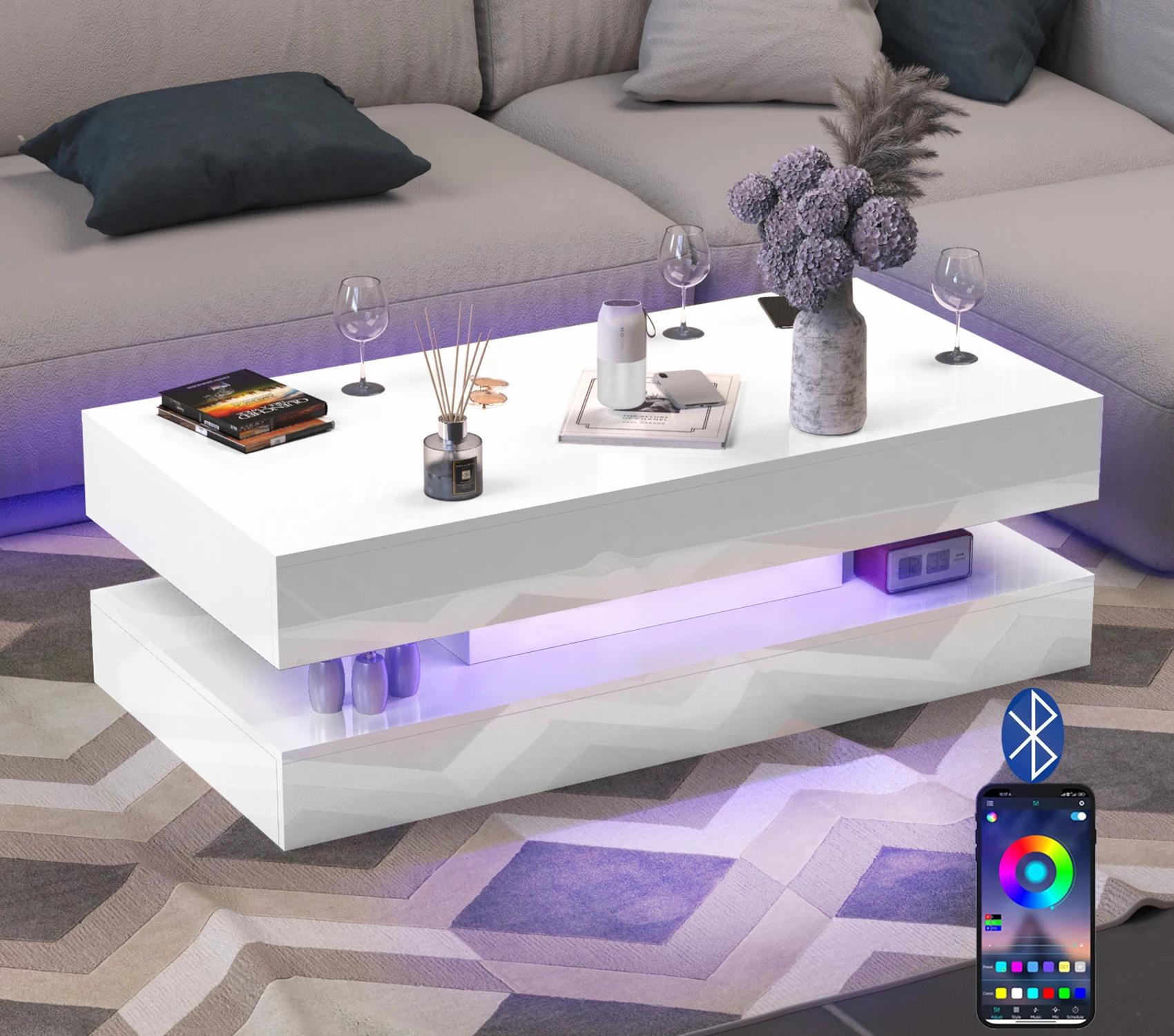 Table basse LED à haute brillance, table centrale moderne avec 2 rangements à proximité, 47,3 pouces