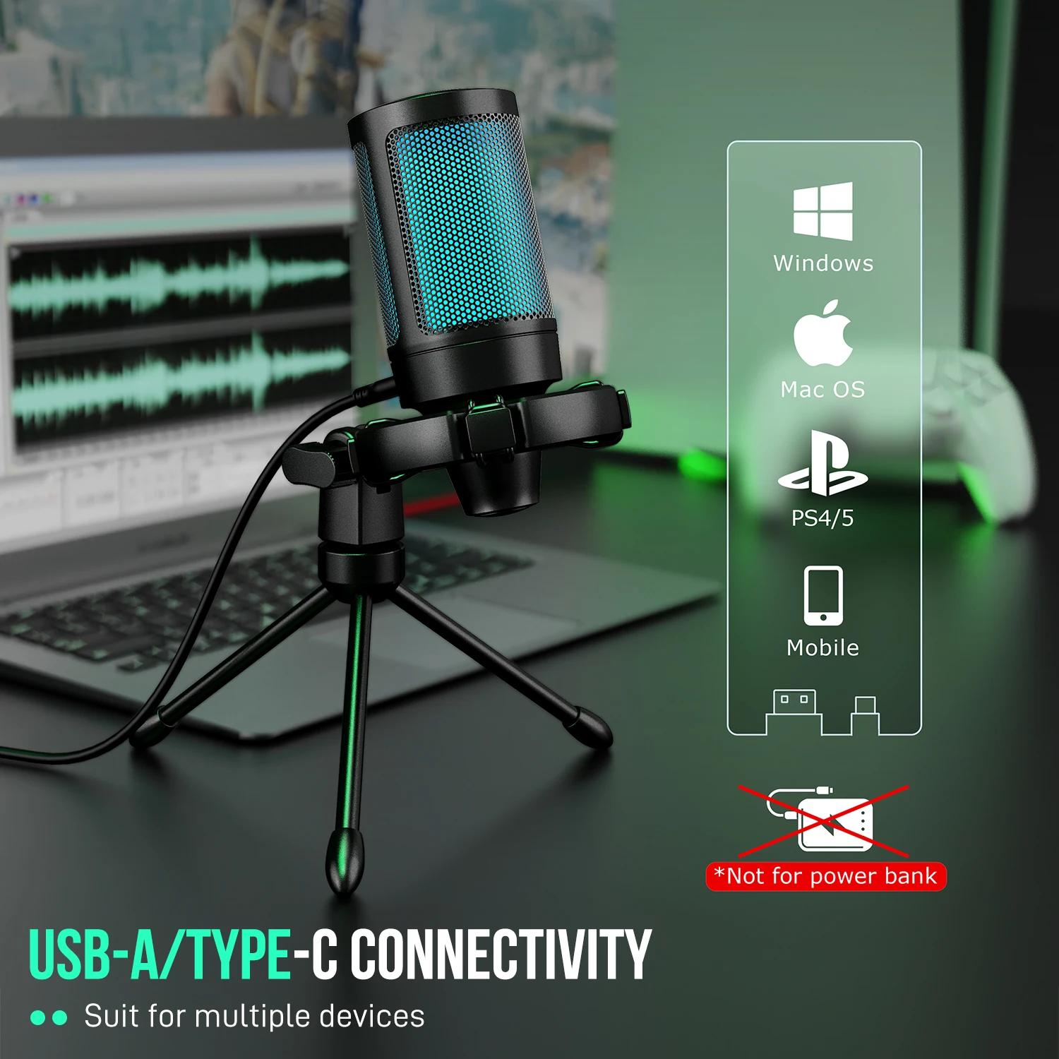 AmpliGame par FIFINE RGB USB Microphone de jeu avec sourdine tactile, micro à condensateur avec trép