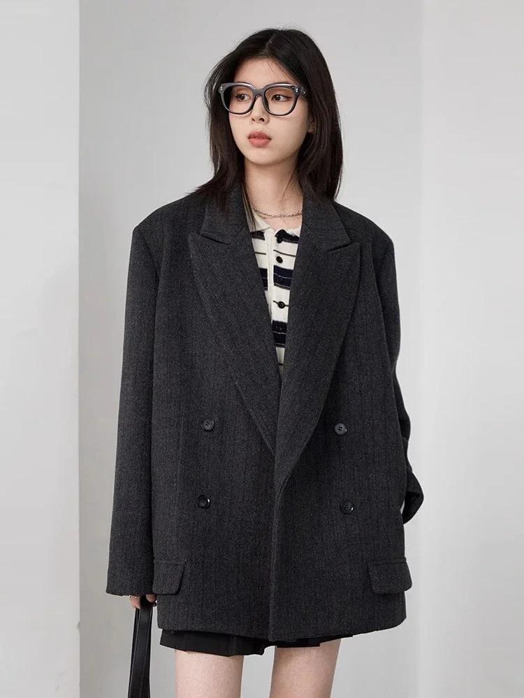 CHIC VEN-Blazer en laine vintage pour femme, veste à col en V, double boutonnage imbibé, manteau de 