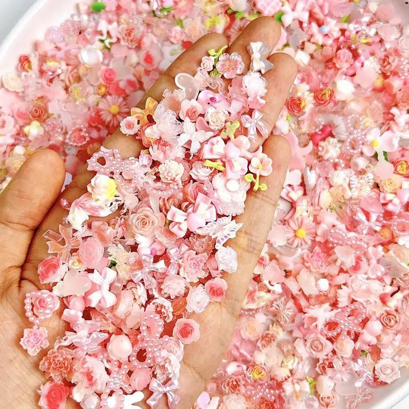 Breloques en résine 3D pour les ongles, mélange aléatoire, rose doux, fleur rose, accessoires de déc