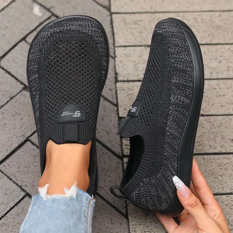 Chaussures à bout large pour femmes, baskets de marche respirantes en maille tricotée, semelle soupl