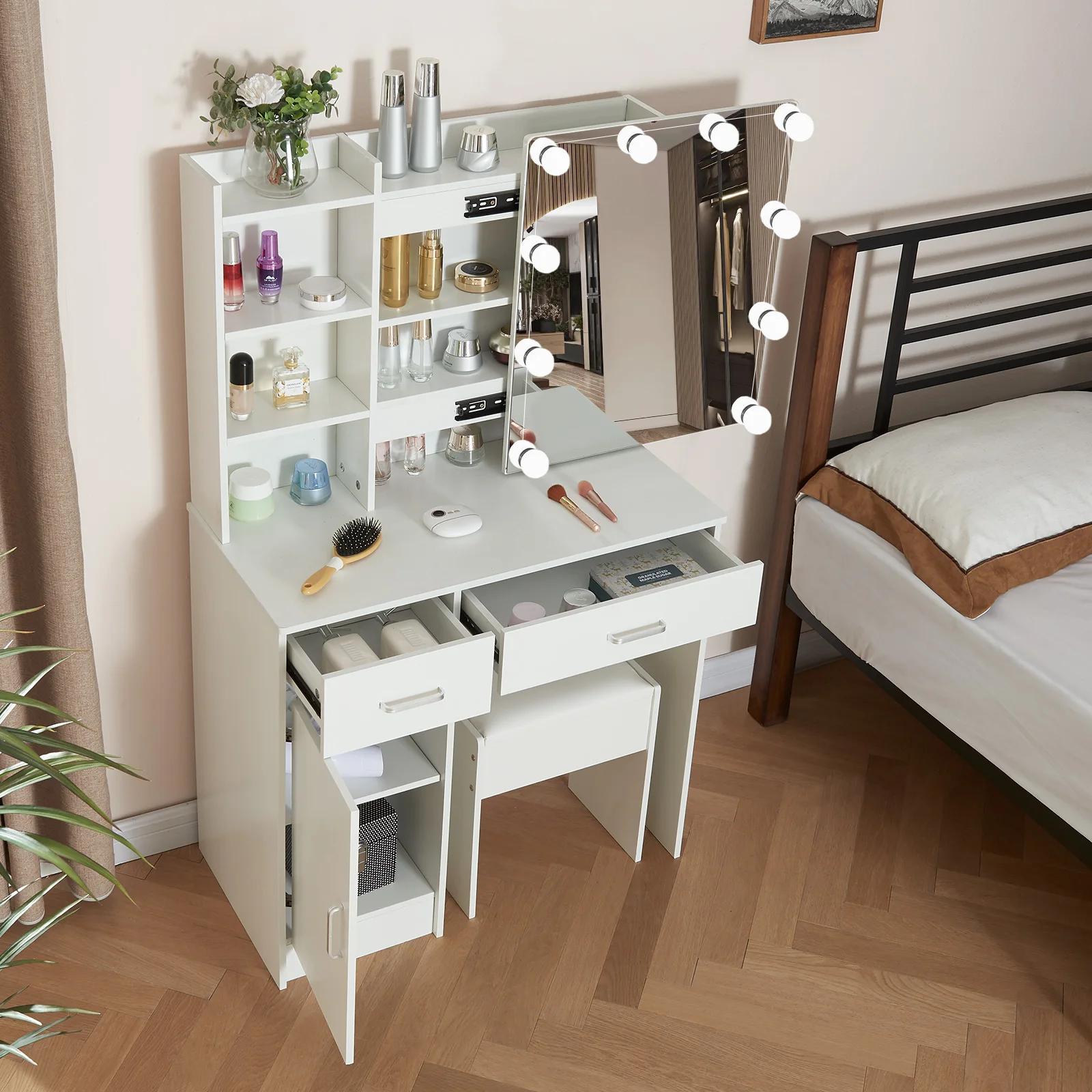 Ensemble de vanité de maquillage avec miroir et lumières, commode, armoire de rangement, 3 modes d'é