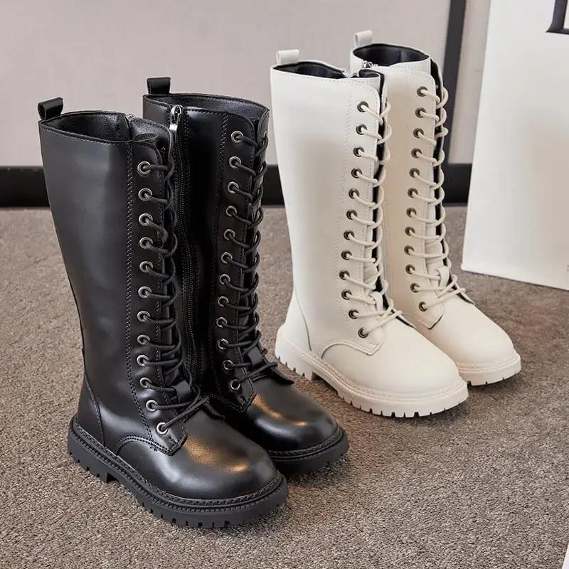 Bottes longues pour filles, hauteur des genoux, bottes de moto à la mode, plateforme souple en caout