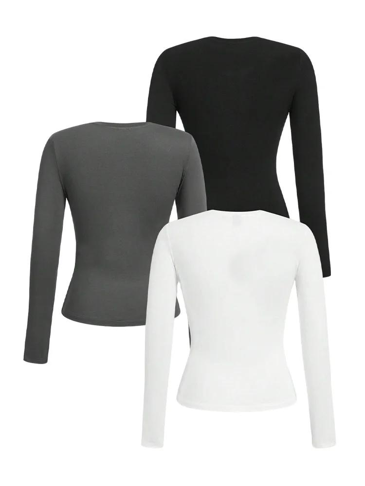 T-shirt femme manches longues couleur unie - Tissu tricoté polyester, col rond, coupe régulière, sty