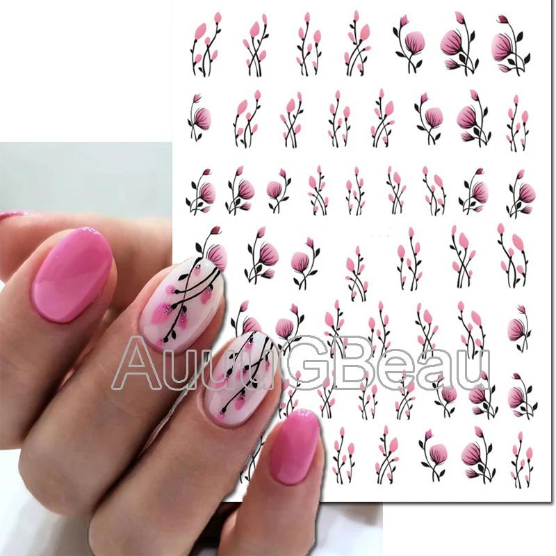 Autocollants 3d pour Nail Art, fleurs aquarelle, violet, vert, rose, feuilles, fruits, curseur adhés