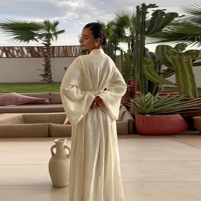 Caftan Abaya marocain blanc de luxe brodé pour femmes, robe longue à manches longues avec ceinture, 