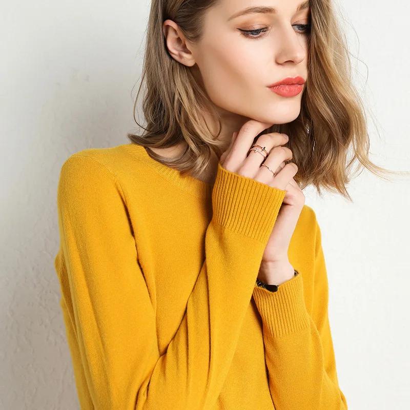 Pull Slim à col rond pour femme, couleur unie, mélange de laine et cachemire, chemise à manches long