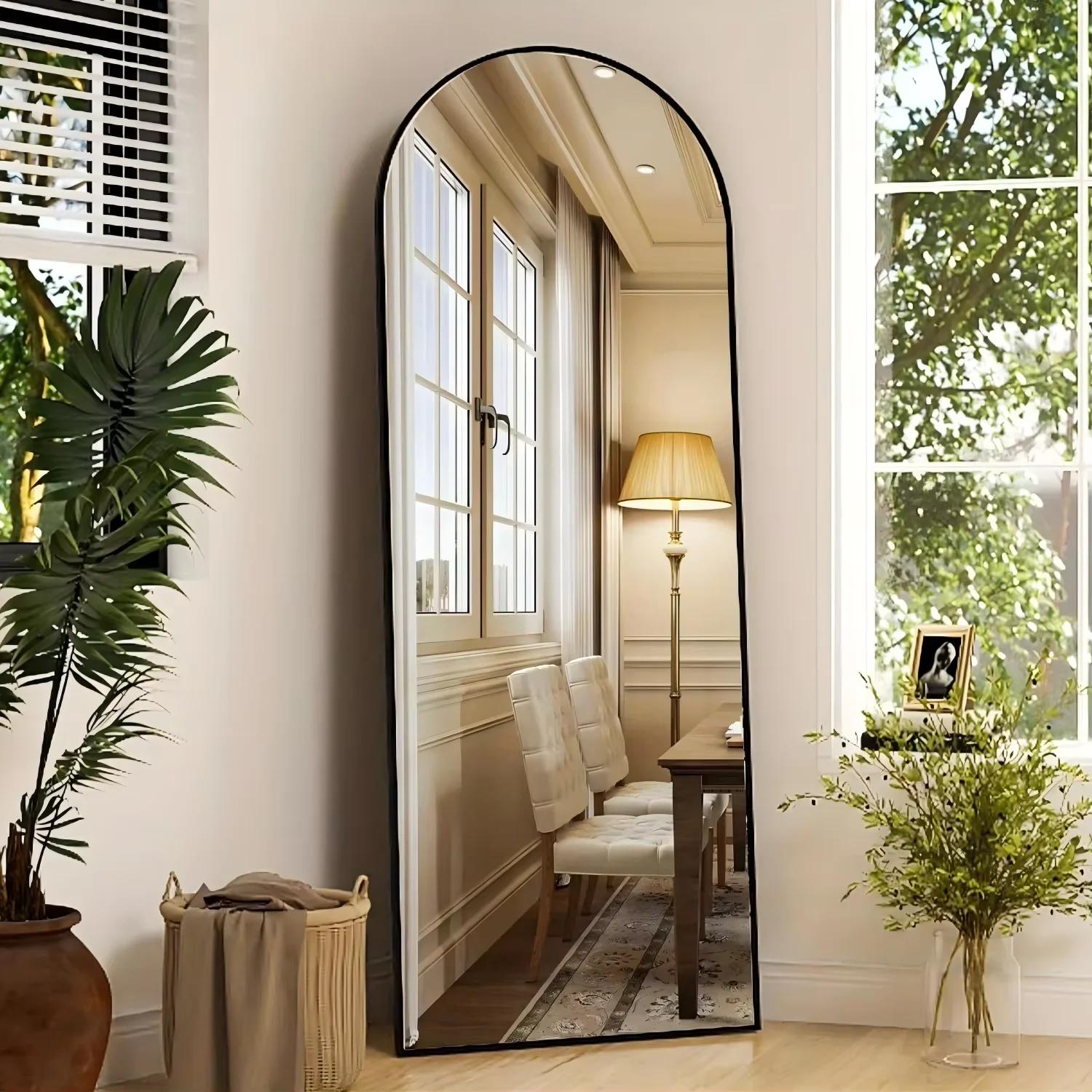 Miroir arqué pleine longueur, miroir de sol en arc avec support, miroir mural, miroir de face, dessu