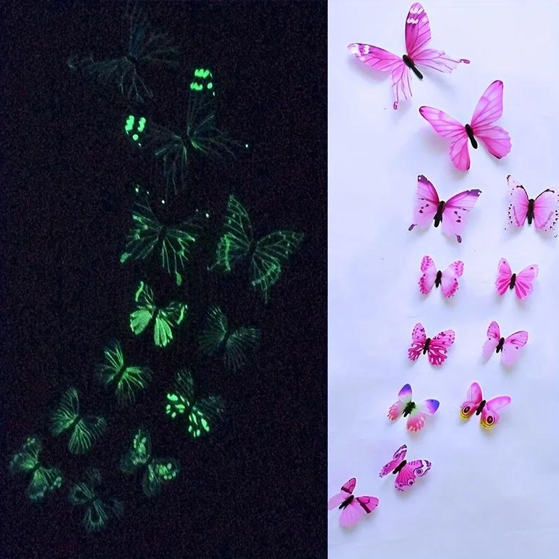 Autocollant mural créatif papillon lumineux 3D, 12 pièces, à la mode, pour bricolage, Art mural mode
