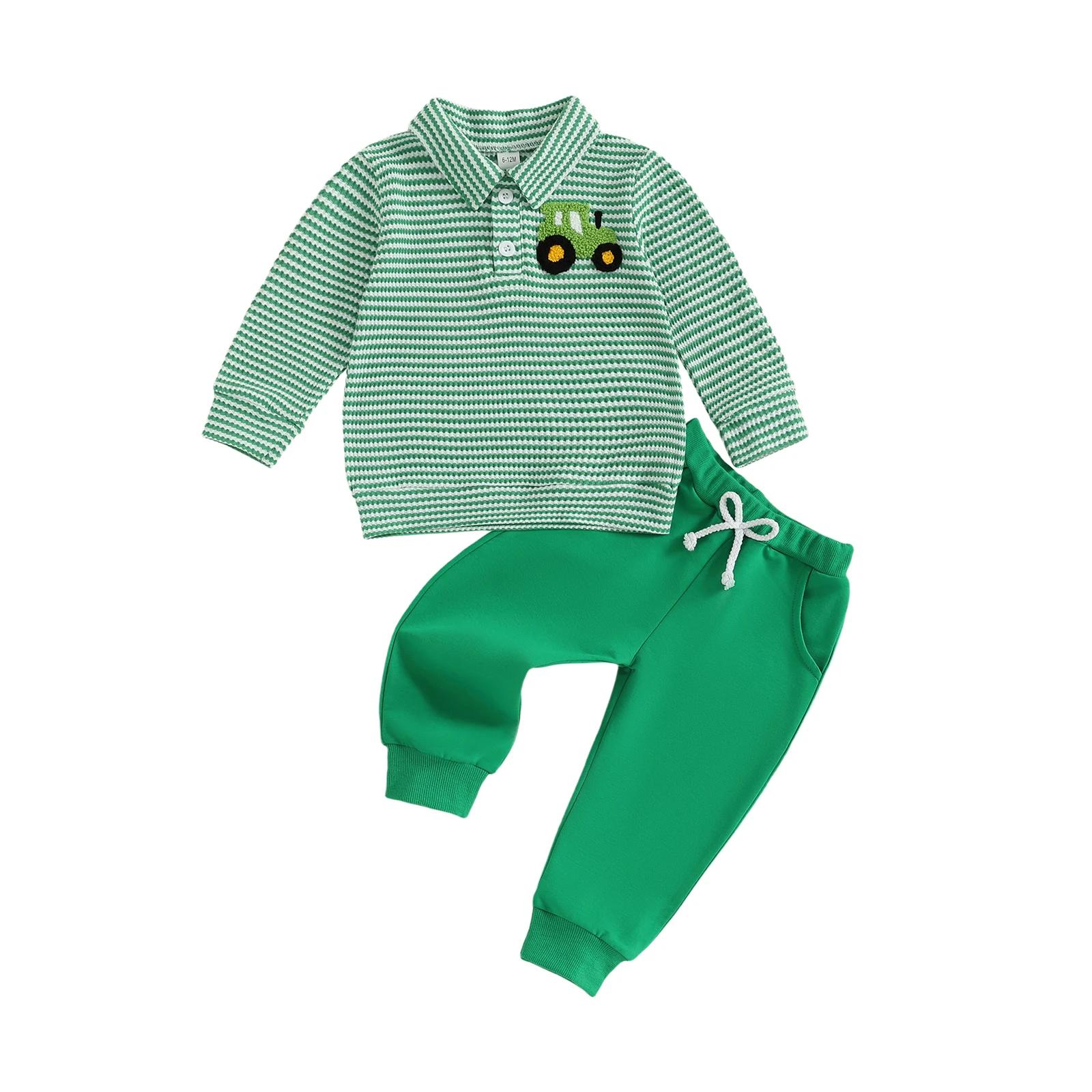 Vêtements pour bébé garçon 2 pièces tenues à manches longues revers camion broderie hauts rayés pant