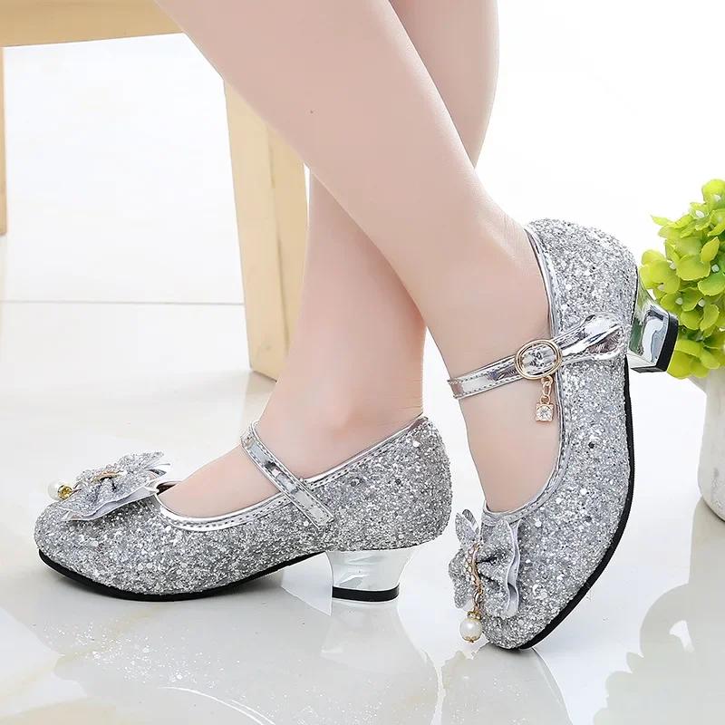 Chaussures de danse princesse à talons hauts pour filles, chaussures à paillettes en cuir souple, à 
