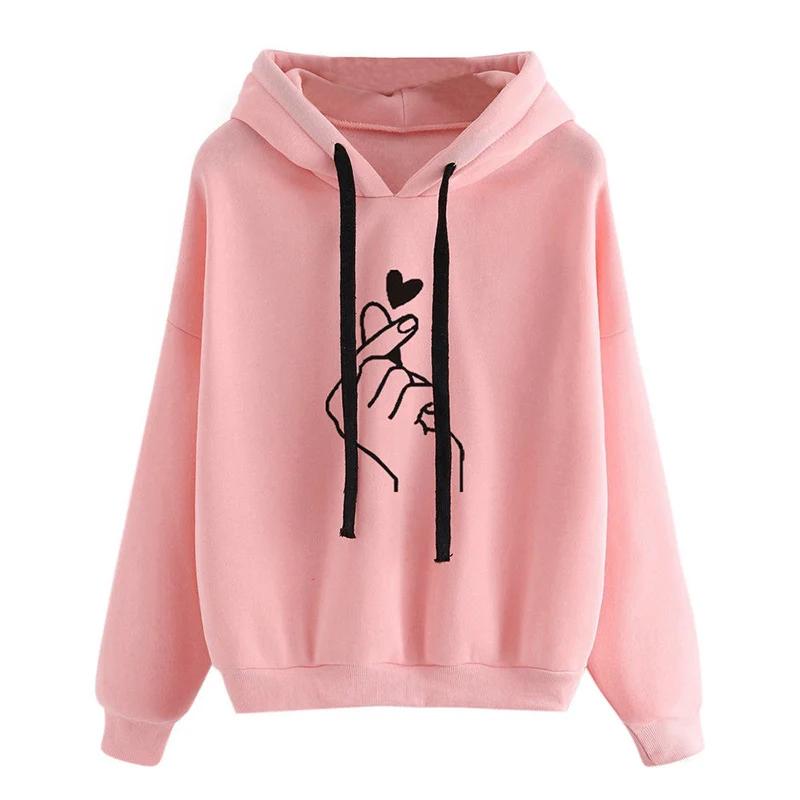 Automne sweat à capuche polaire couleur unie doigt coeur à capuche mode coréenne sweats à manches lo