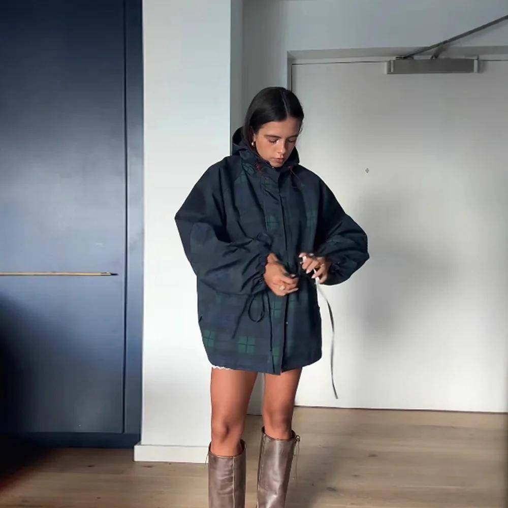 Veste rétro à carreaux pour femme, col montant, cordon de serrage à la taille, coupe-vent court à ca