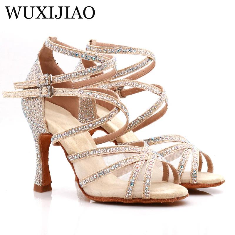 WUXIJIAO chaussures de danse femme latine Salsa soie Satin chaussures de danse paillettes strass cha