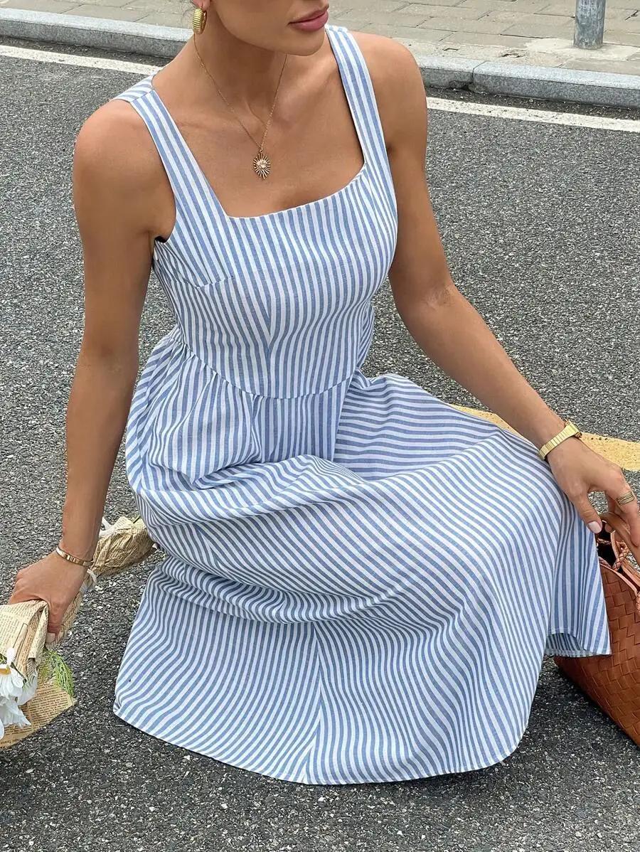 Robe midi sans manches à col carré rayée bleu et blanc pour femmes en coton