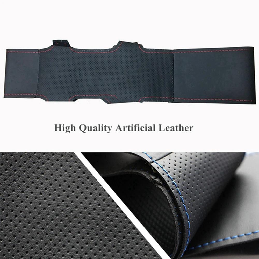Housse de volant de voiture en cuir artificiel noir souple, cousue à la main, marqueur rouge, pour M