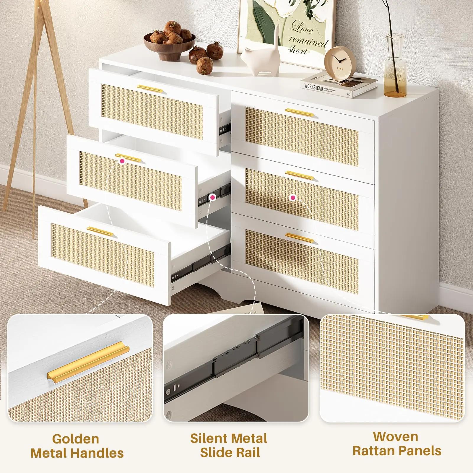 REDLIFE-Commode en rotin 47.24 "avec 6 portes, commode moderne, rangement en bois avec Golden Foy po