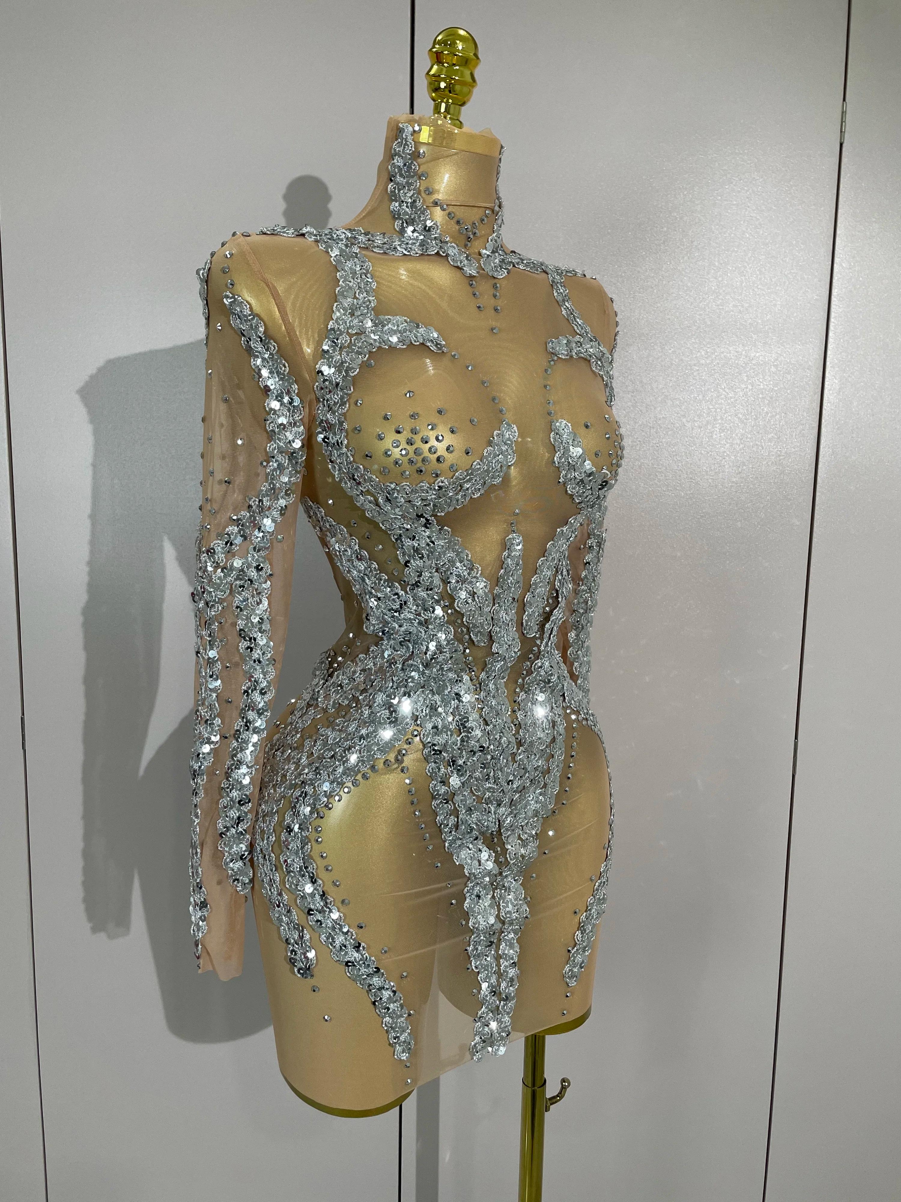 STOCK strass scintillants Sexy maille transparente Mini robe réveillon fête d'anniversaire danse dis