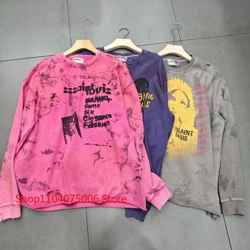 Saint col rond sweat Vintage imprimé trous en détresse lavé délavé unisexe surdimensionné vêtements 
