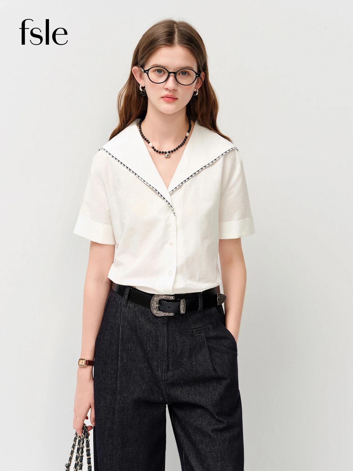 Chemisier à col marin brodé FSLE 2026 pour femme, manches courtes, style preppy boutonné, pour un lo
