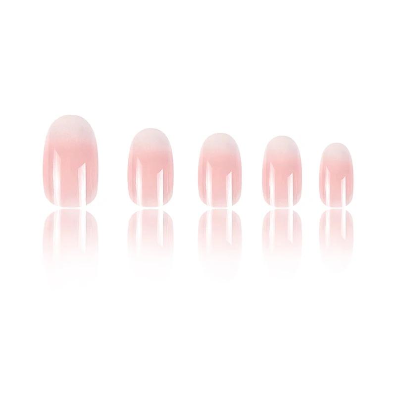 Faux ongles courts ovales dégradés rose pour femmes et filles, finition brillante, couverture complè