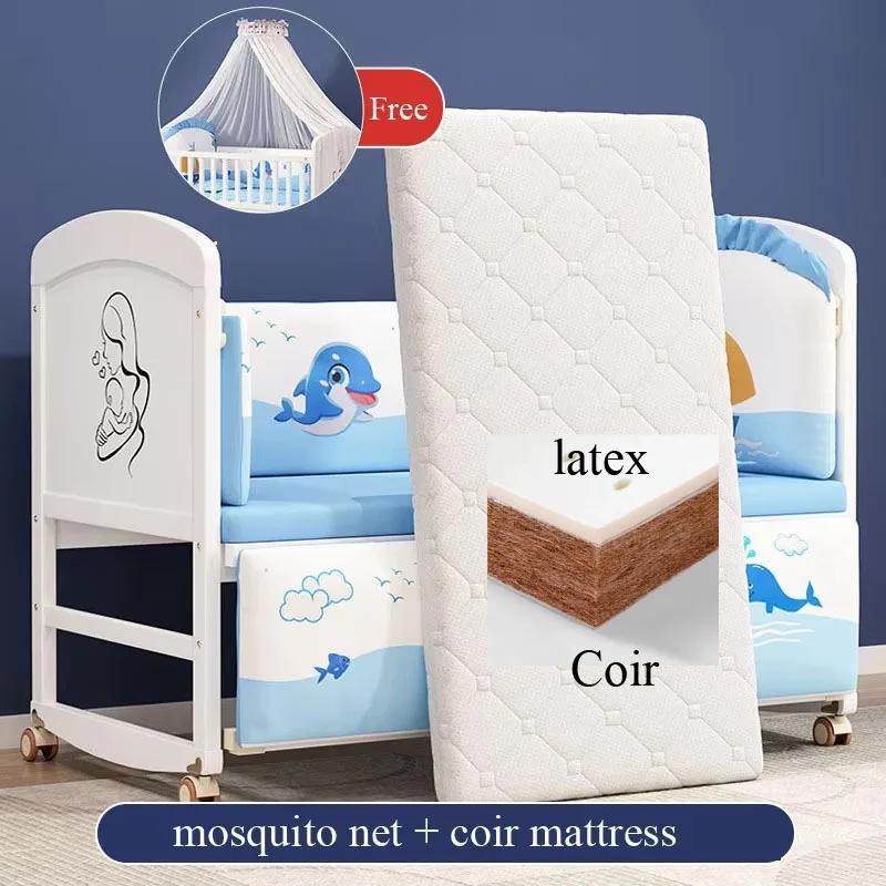 Ensemble complet de berceau de bébé en bois blanc : comprend moustiquaire, literie et matelas en lat