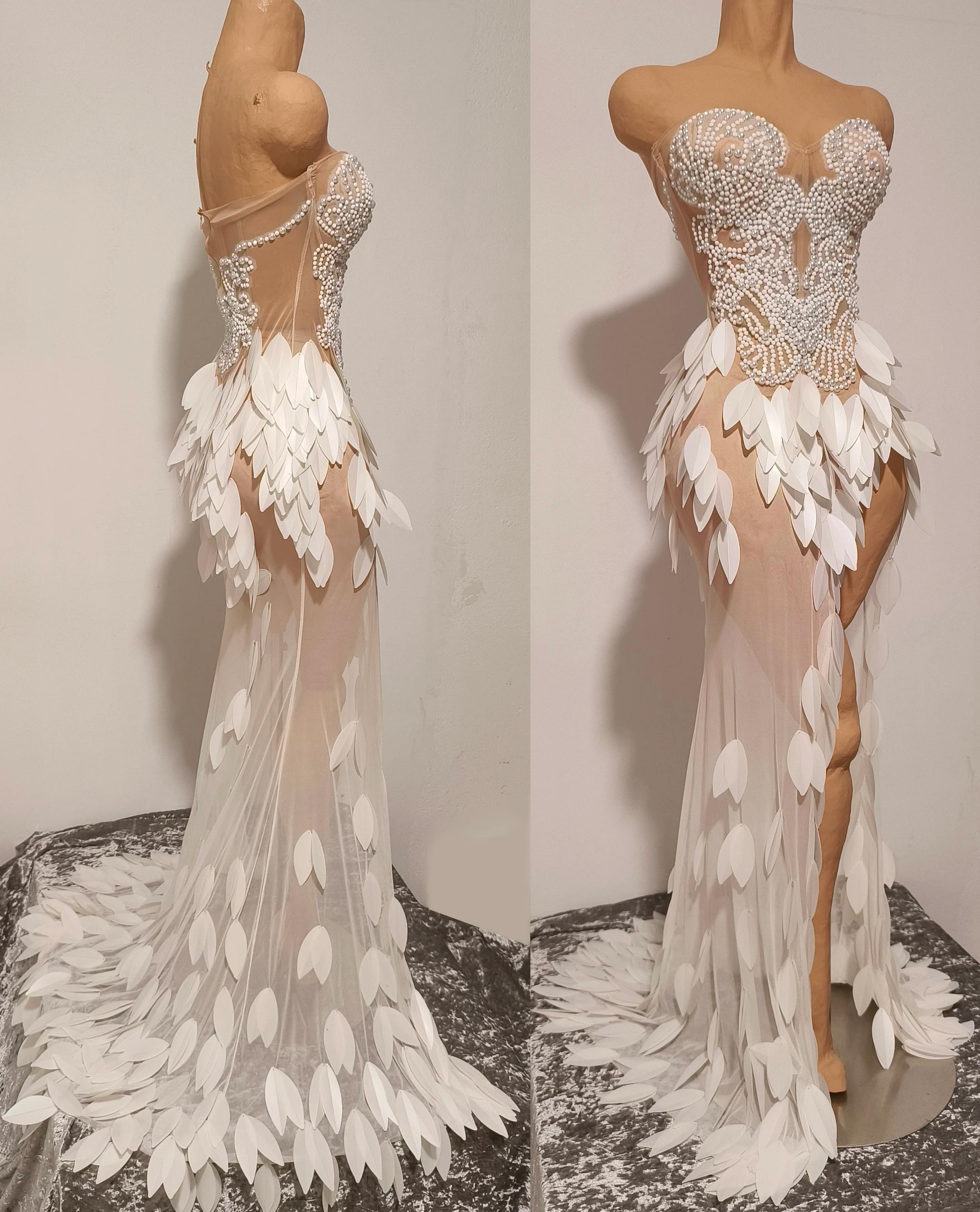 Robe Maxi transparente en maille sans bretelles, élégante, perles brillantes, pour femmes, fête d'an