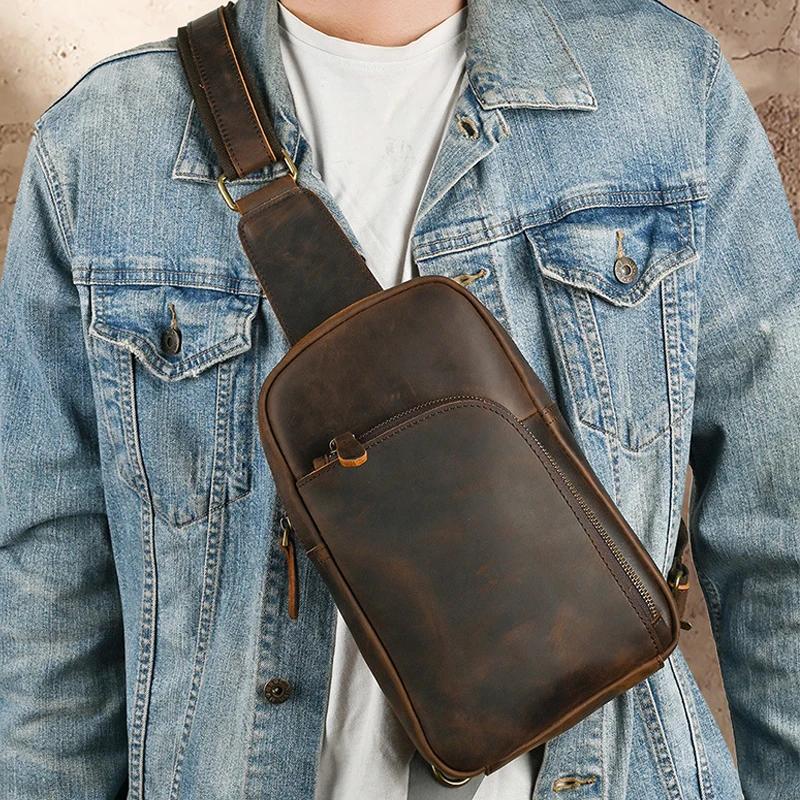 Sac de poitrine en cuir décontracté pour hommes, sacs de poitrine rétro pour hommes, sac à bandouliè