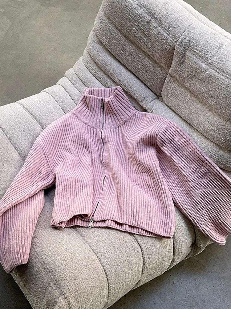 Cardigan décontracté en maille rayée pour femme, avec double fermeture éclair, manches longues, col 