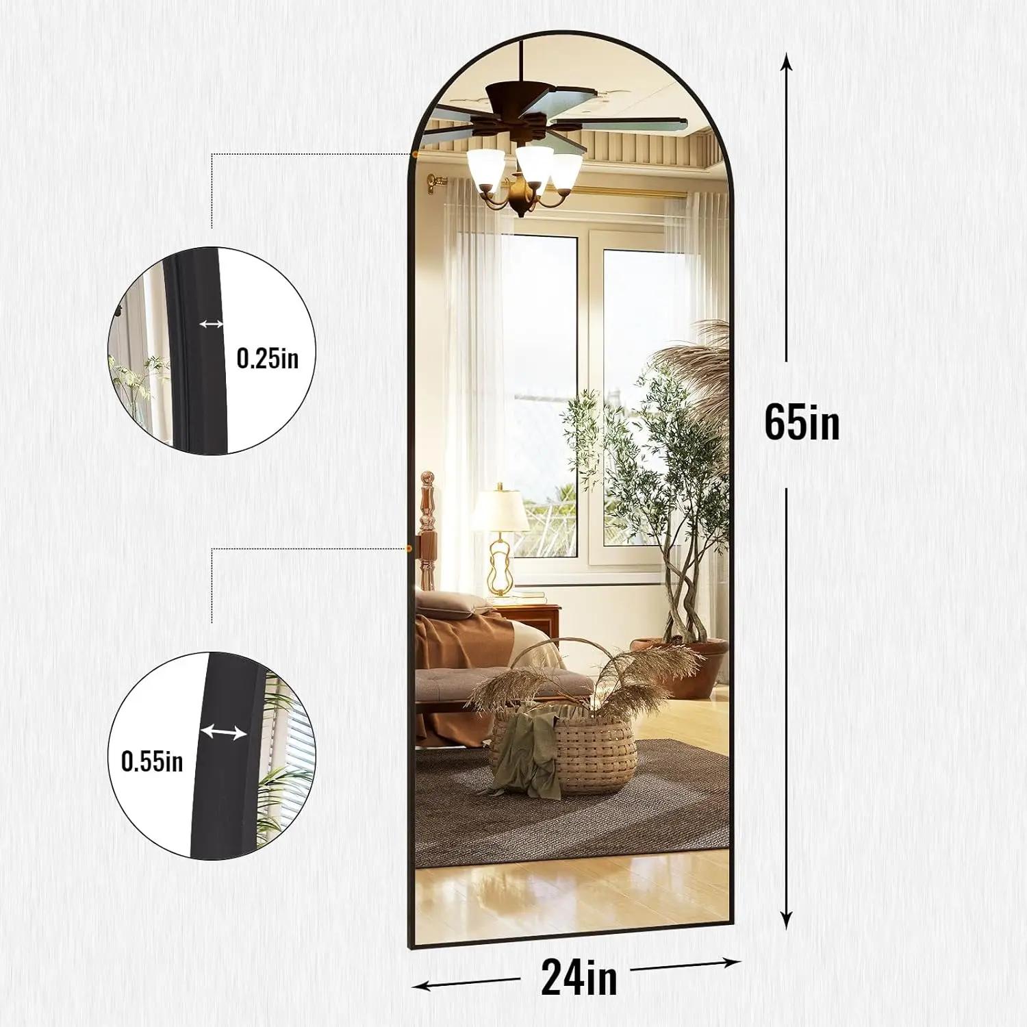 Miroir de sol en arc de 65 po x 24 po, miroir mural pleine longueur avec support – Cadre en alliage 