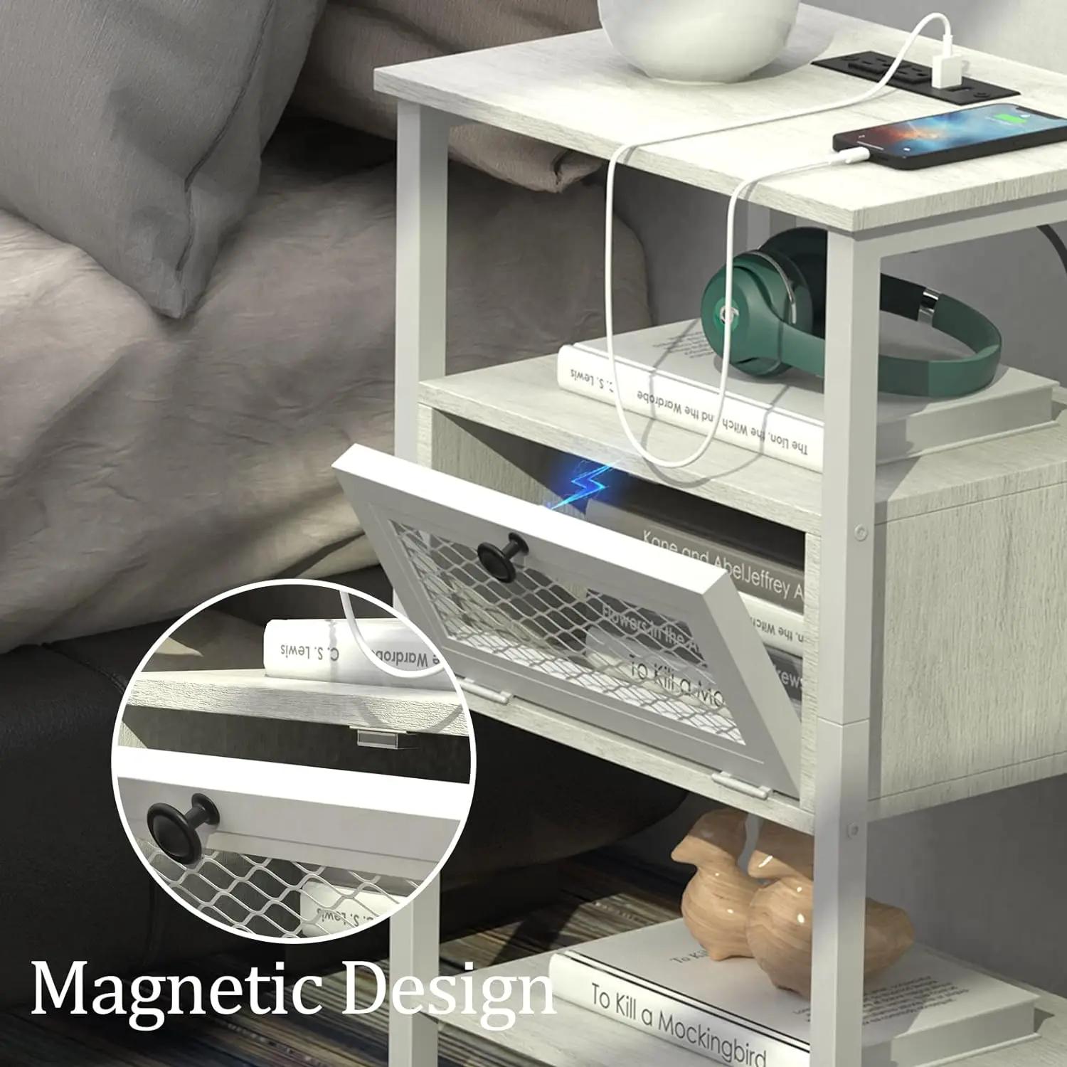 Ensemble de table de chevet avec station de charge, rangement à rabat, table de chevet pour chambre 