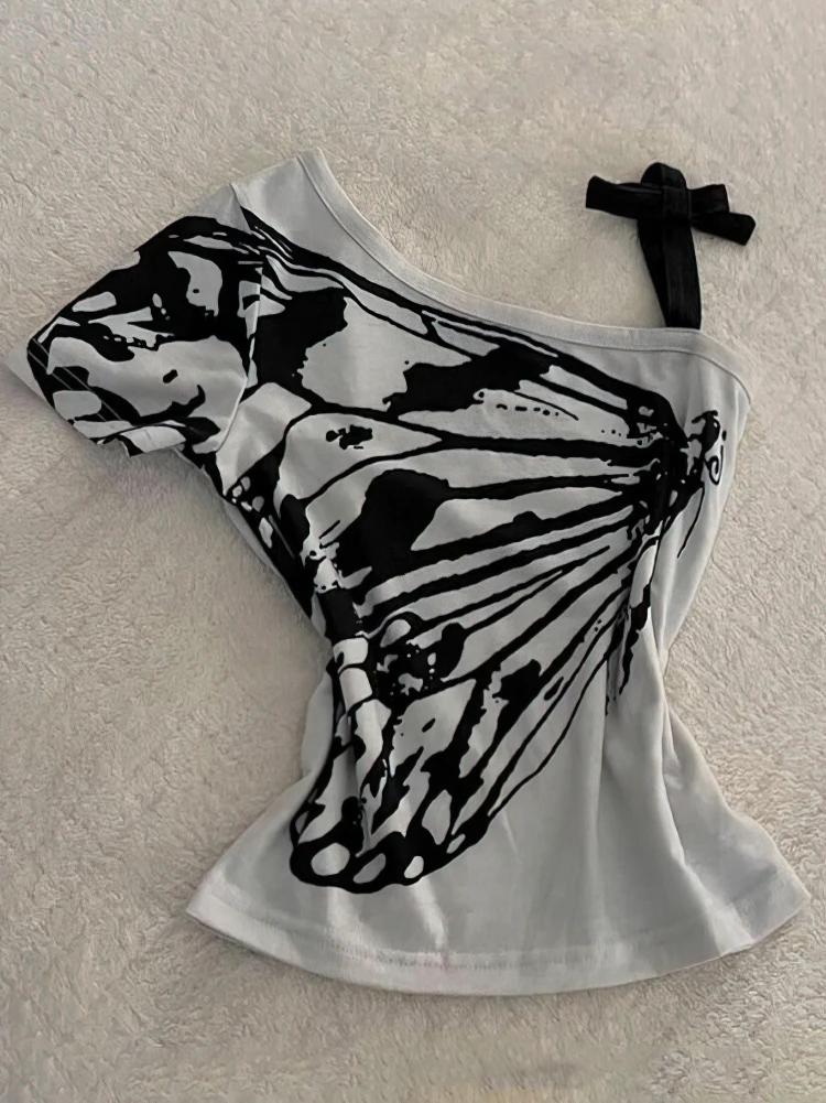 T-shirt manches courtes femme, épaules dénudées, Sexy, coréen, Harajuku, imprimé esthétique, hauts f