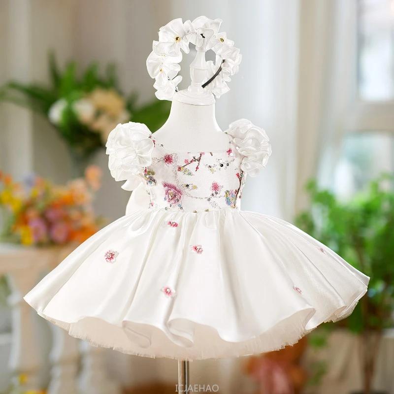 Robe de mariée en Satin blanc pour filles, tenue de princesse Tutu à manches flottantes, vêtements p