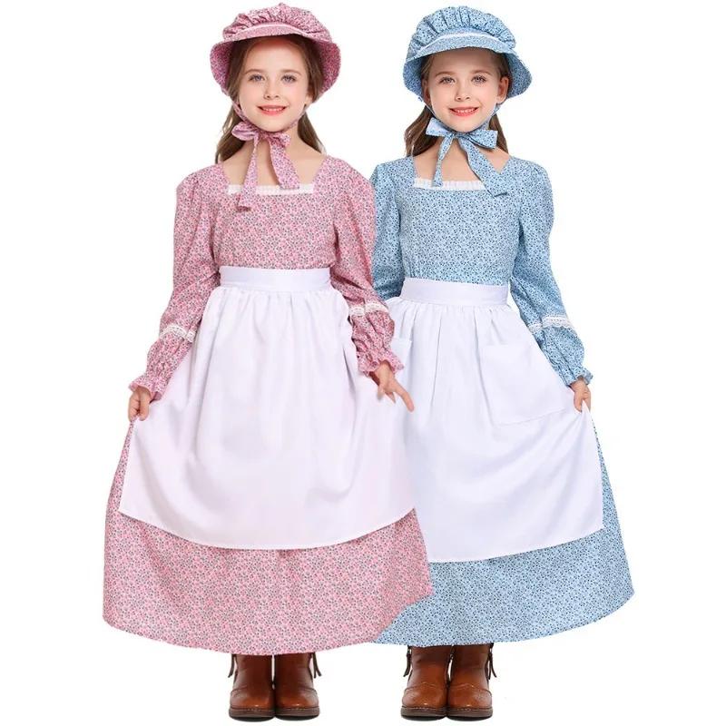Robe longue florale rose et bleue style campagnard pour femme, costume de pionnier des prairies