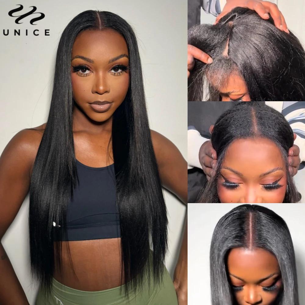 UNice InvisiBlend ™   Yaki droite V partie perruque avec cordon couleur naturelle 100% perruque de c