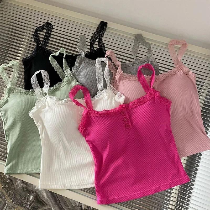 Camisole patchwork à bretelles en dentelle pour femme, haut précieux, fibres de document solides, ét