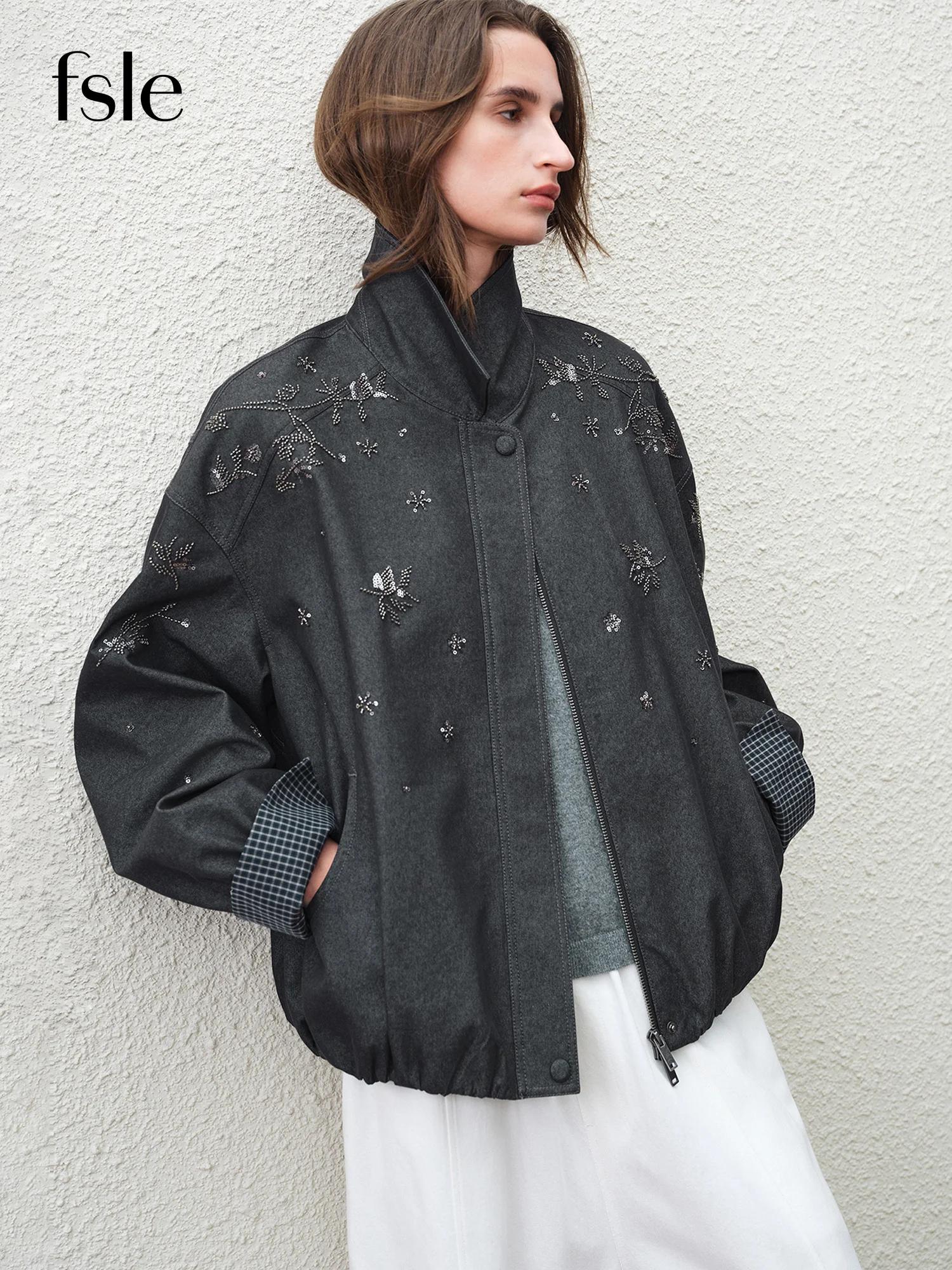FSLE 【Série Premium】 2026 Manteau pour femme perlé à col en cuir, à manches longues, coupe ample, de