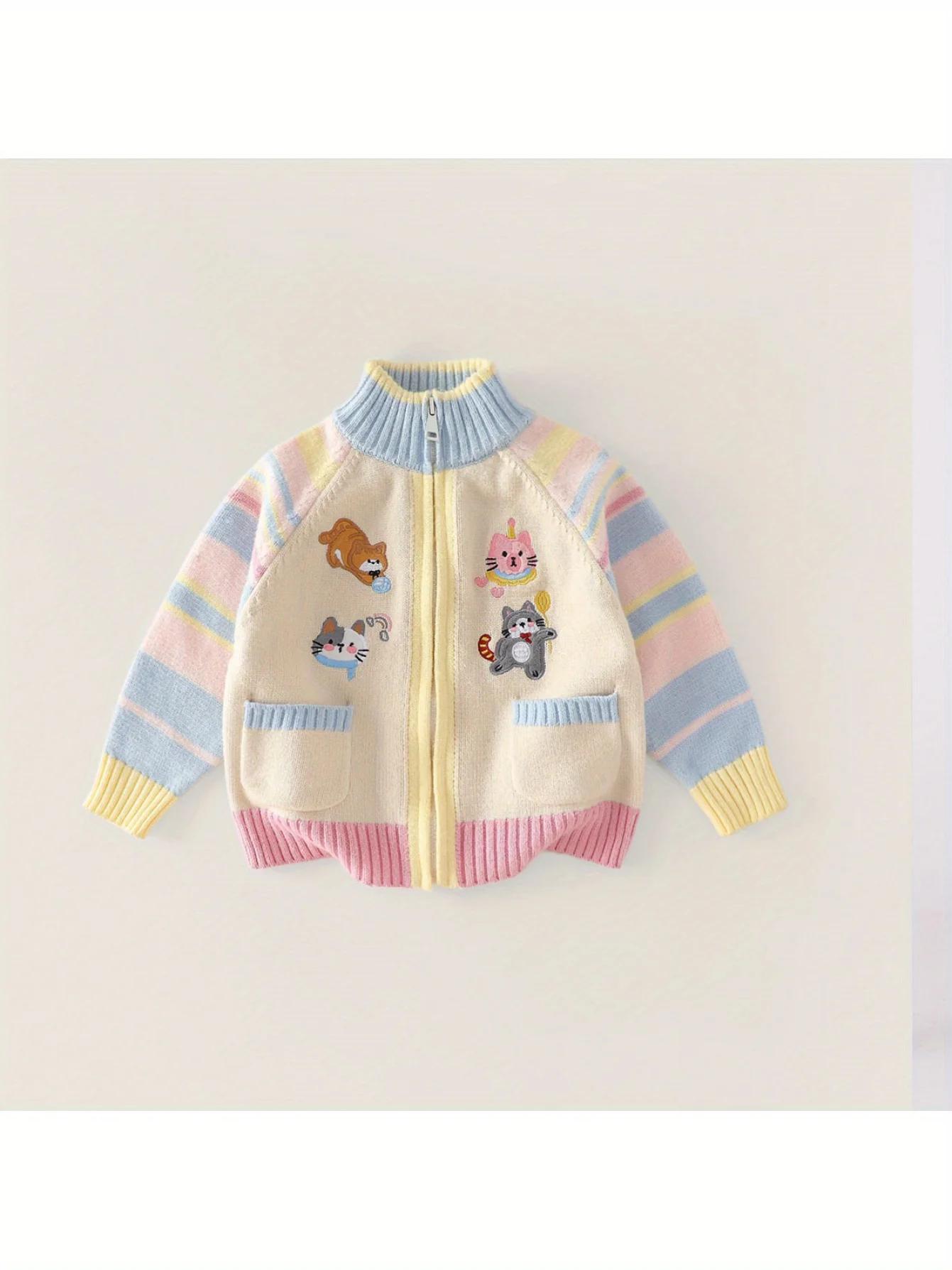 Cardigan tricoté pour enfants, veste à fermeture éclair, Style dessin animé, veste brodée pour fille