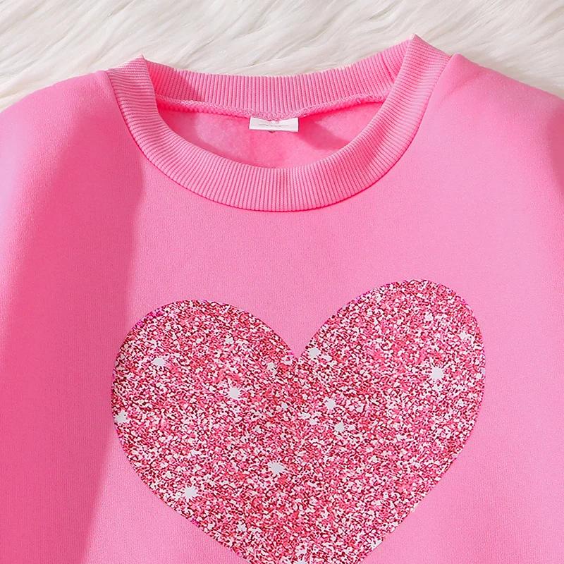 Ensemble de vêtements chauds pour enfants, couleur unie, imprimé cœur, haut et pantalon, sport décon
