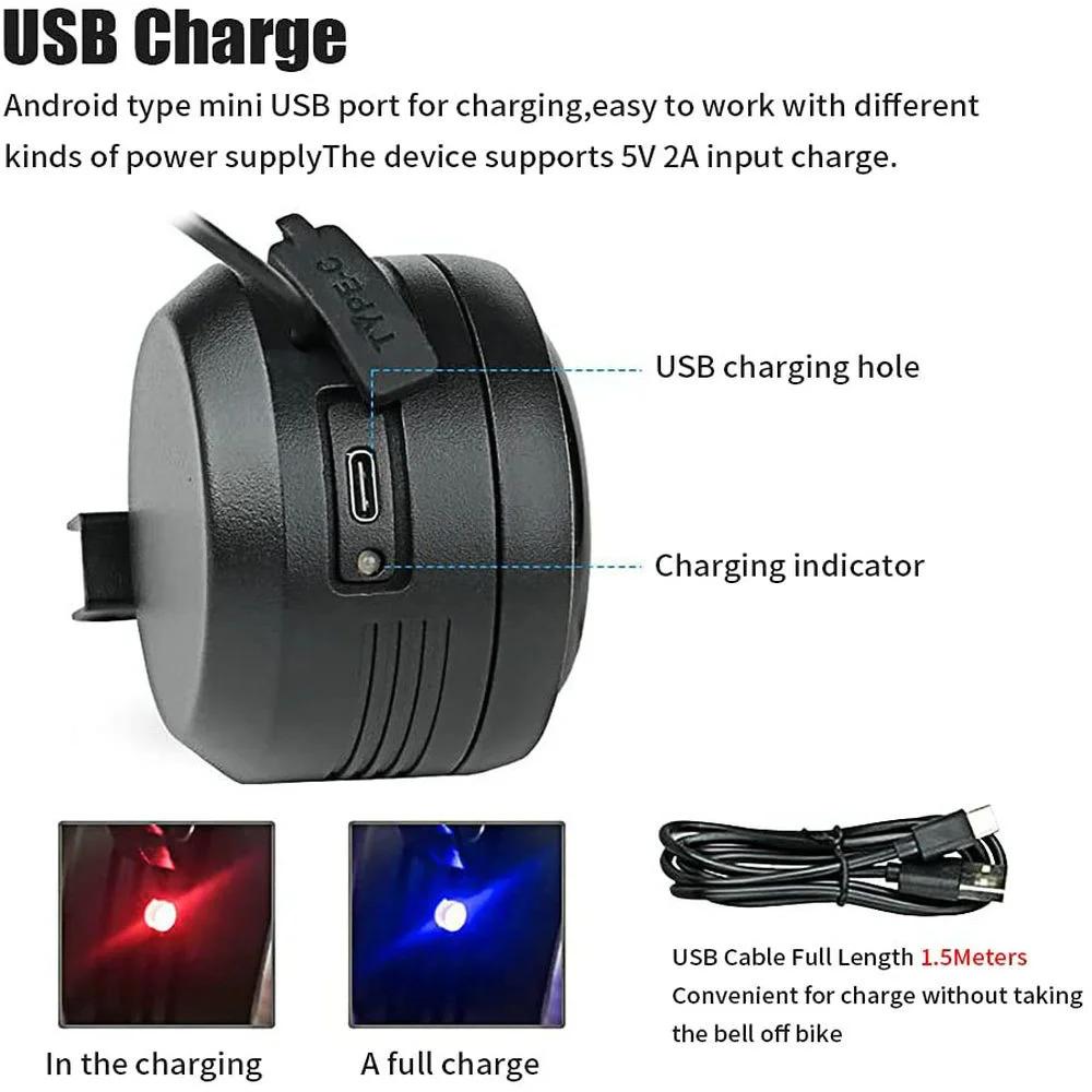 125db USB rechargé vélo cloche électrique moto Scooter vélo électrique klaxon sûr antivol alarme clo
