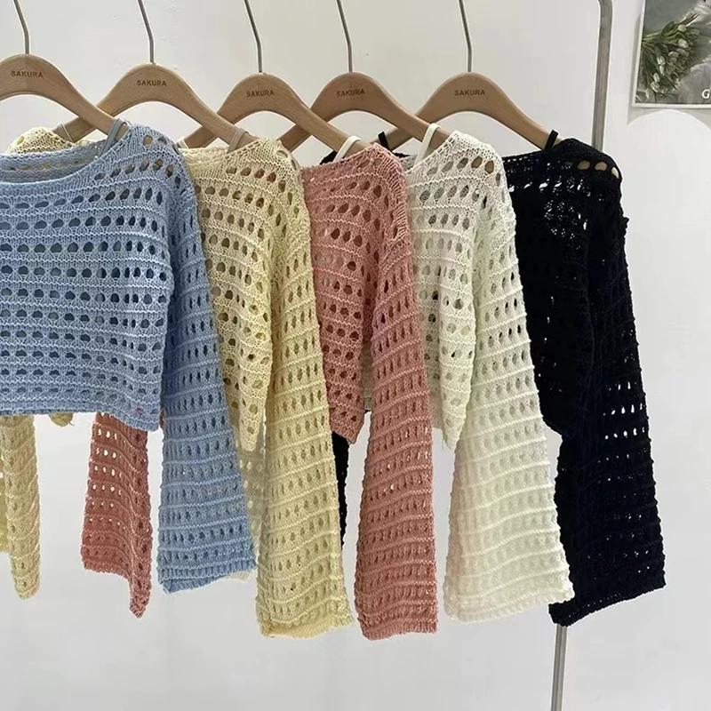 Haut en tricot au Crochet à manches longues pour femmes, Cover-Up pour Bikini de plage, pull court e